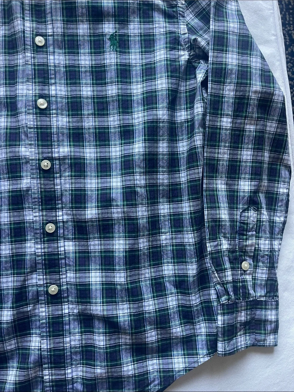 Ralph Lauren Boys Size 10-12 Navy, Green & White Plaid Button-Down Shirt